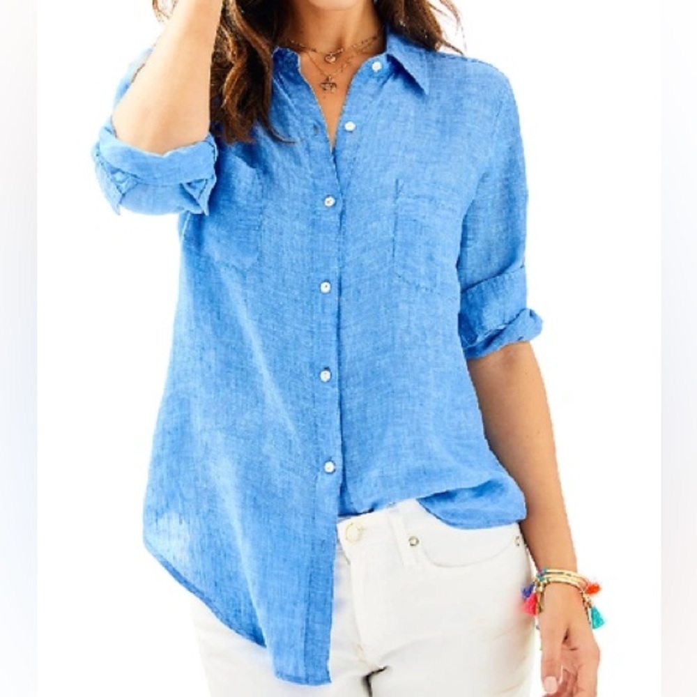 Lilly Pulitzer Sea View Button Down Top Cover-up Beckon Blue Women’s - Picture 3 of 11